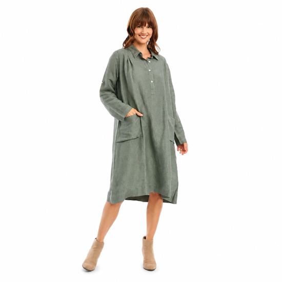 Military Linen Shirt Midi Dress