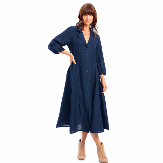 Navy Linen Collar Dress