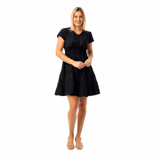 Black Poplin Short Ruched Dress