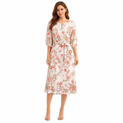 Apricot Floral Frill Hem Dress