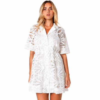 Elara White Broderie Shirt Dress