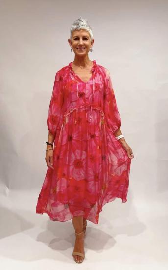 Multi Fuxia Floral Frilled Collar Tie Neck Dress