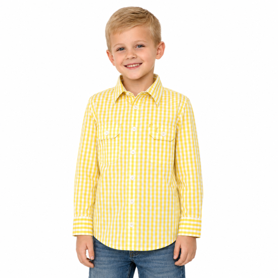 Yellow and White Check Kids Long Sleeve Shirt