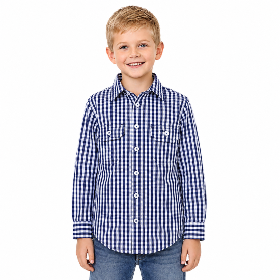 Navy and White Children's Check Lon Sleeve Shirt