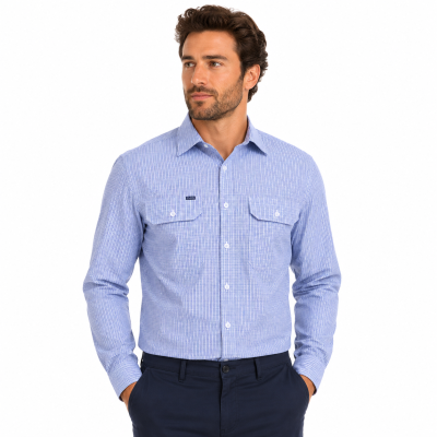 Royal Blue and Black Check Dual Pocket Long Sleeve Shirt