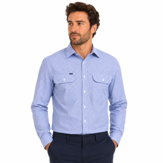 Royal Blue and Black Check Dual Pocket Long Sleeve Shirt