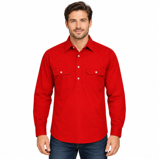 Red Men's Closed Front Long Sleeve Shirt