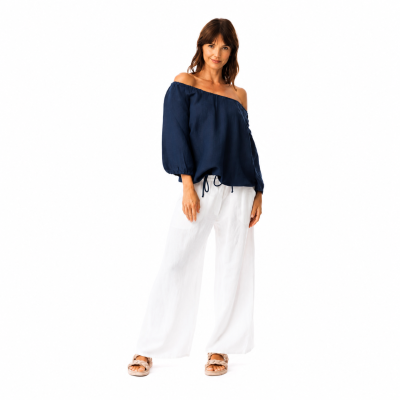 Navy Linen Gather Neck Top