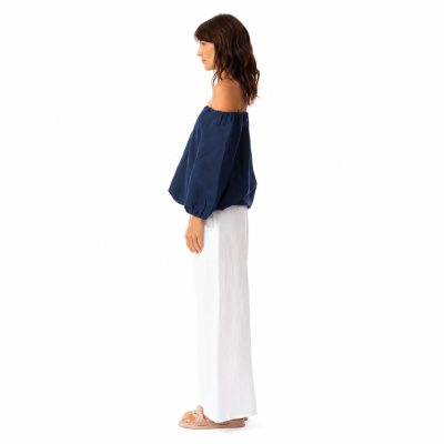 Navy Linen Gather Neck Top