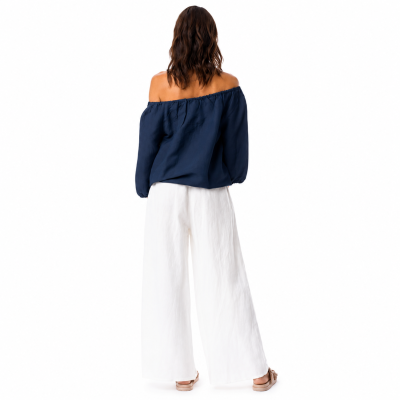 Navy Linen Gather Neck Top