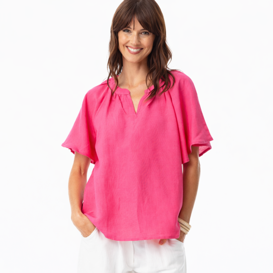 Pink Linen Chinese Collar Top