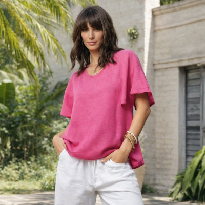 Pink Linen Chinese Collar Top