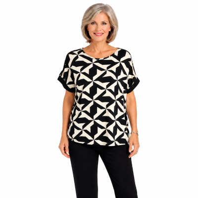 Black Geo Print Knit Top