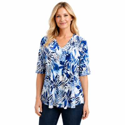 Navy Leaf Print Top