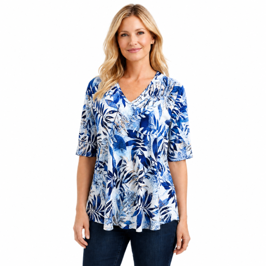 Navy Leaf Print Top